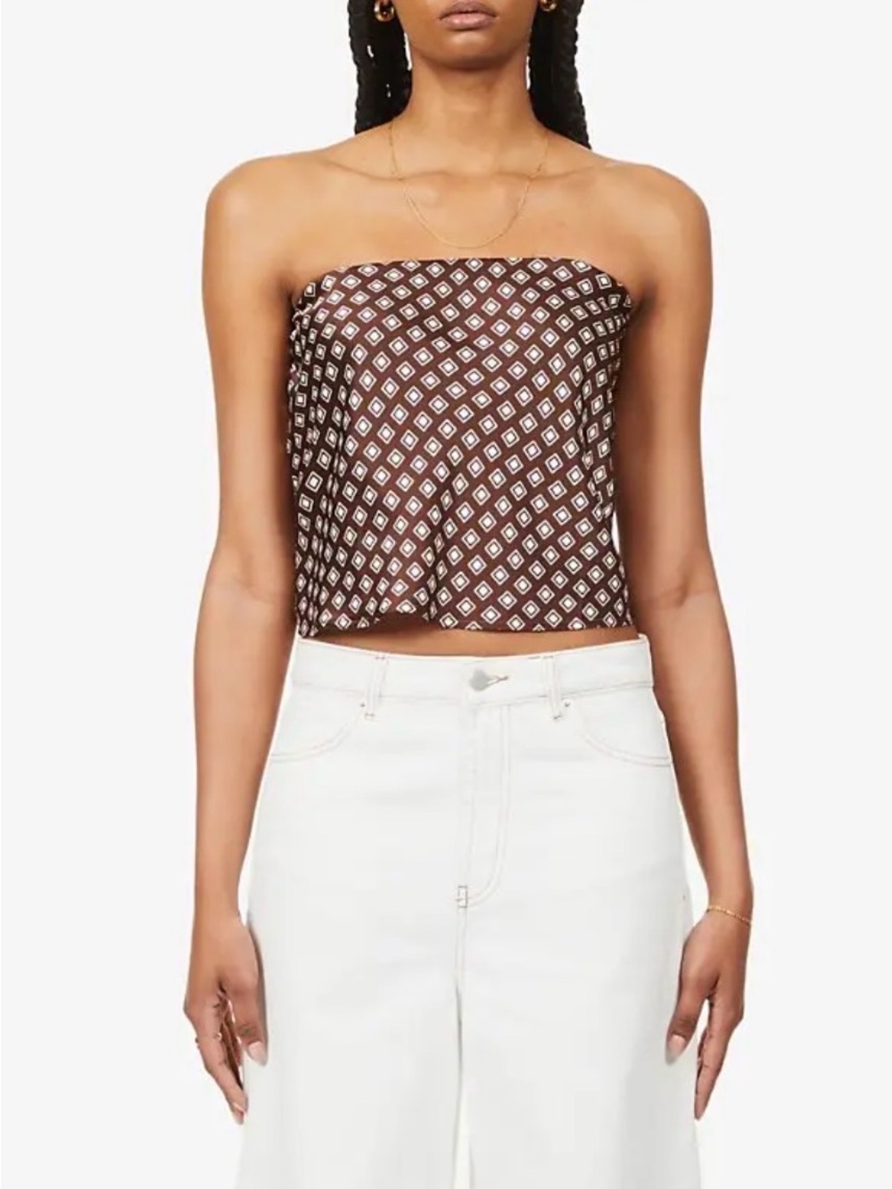 Reformation Spritz Grey Diamond-Print Strapless Silk Crop Top